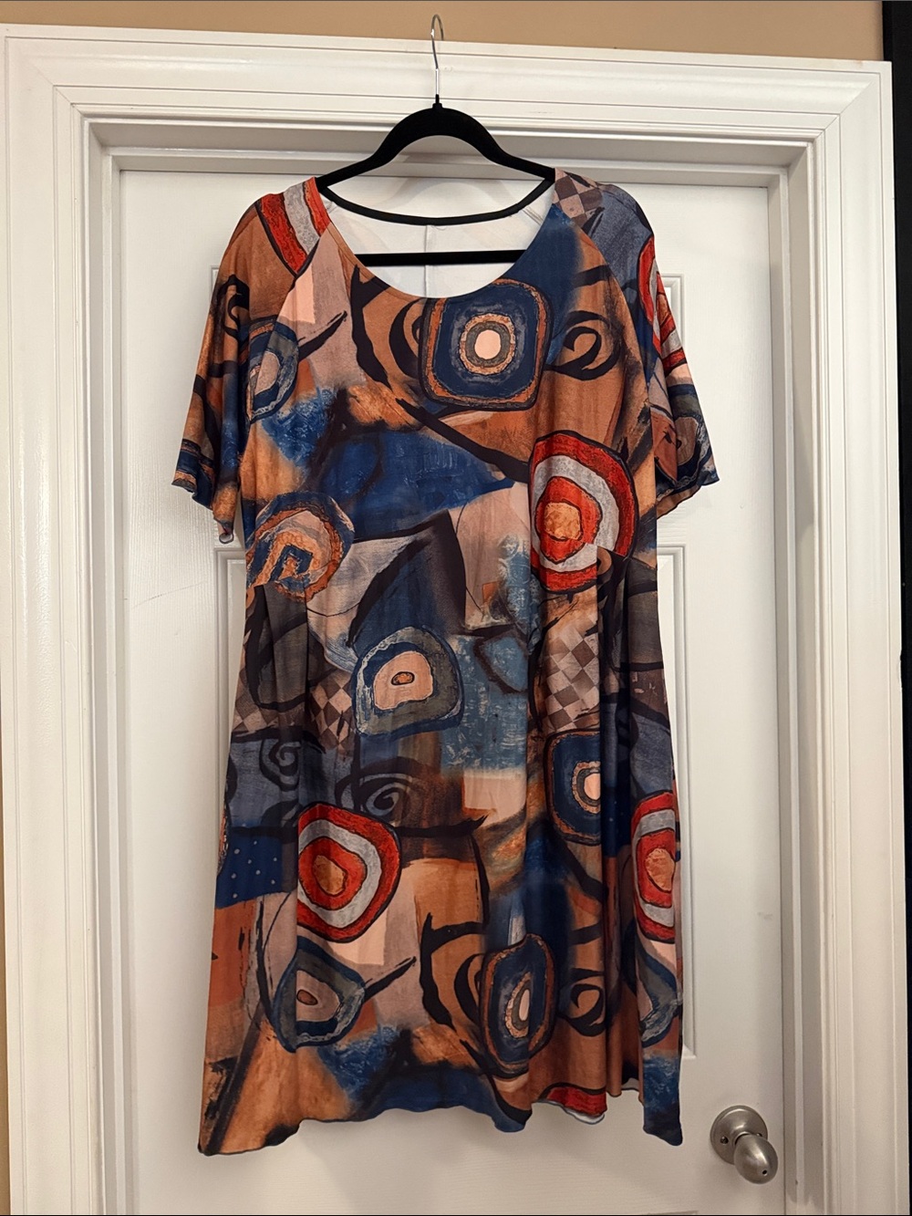 Abstract Geometric Midi Dress in Blue and Brown
